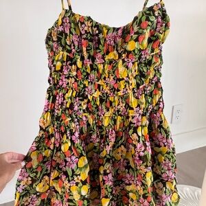 Aqua Black Floral Sundress with Pink, Yellow & Green Blooms